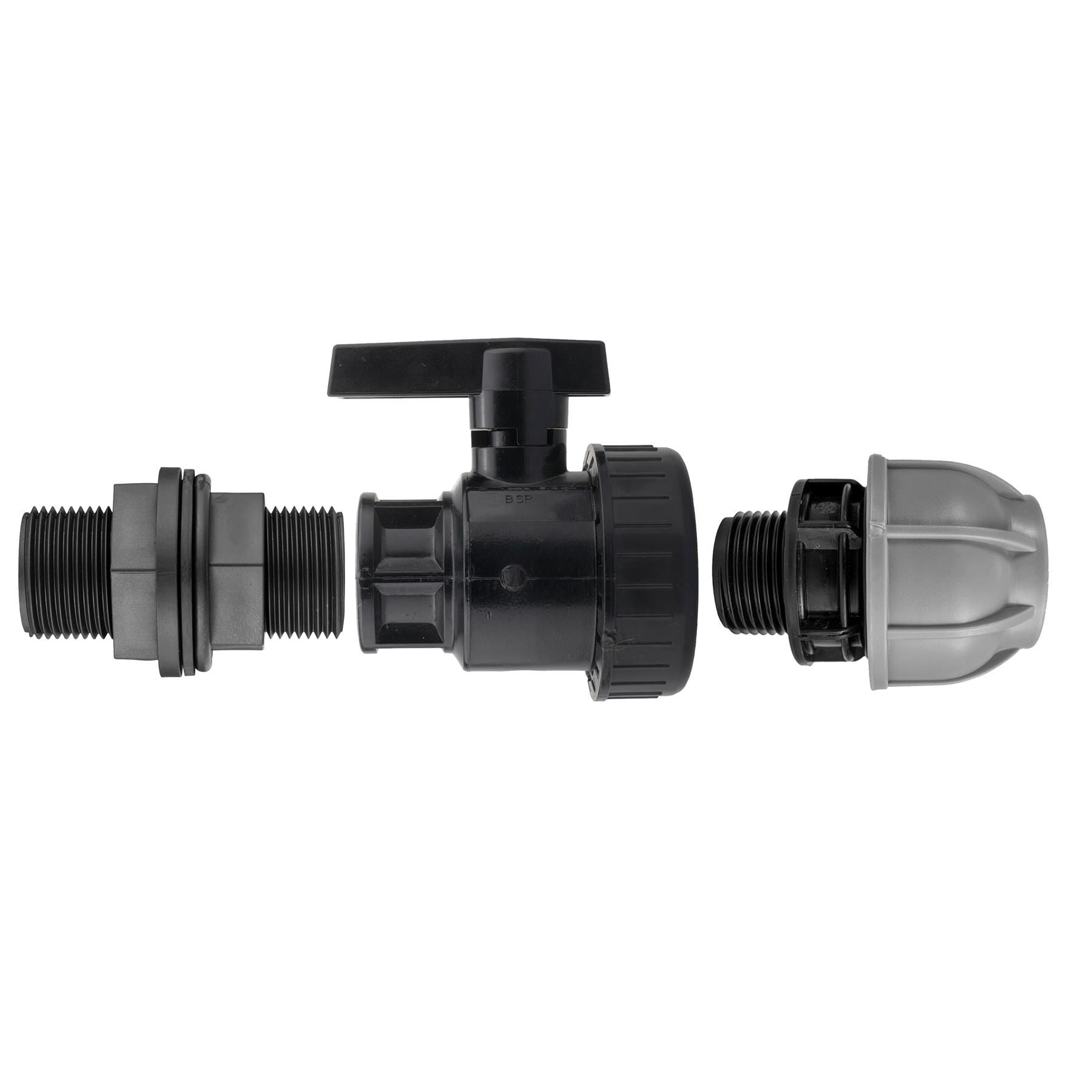 AP Supplies ¾” BSP Water Butt Fitting with Full Flow PP Valve and 25mm MDPE Fitting