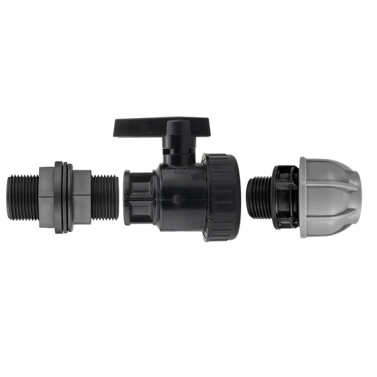 AP Supplies ¾” BSP Water Butt Fitting with Full Flow PP Valve and 25mm MDPE Fitting