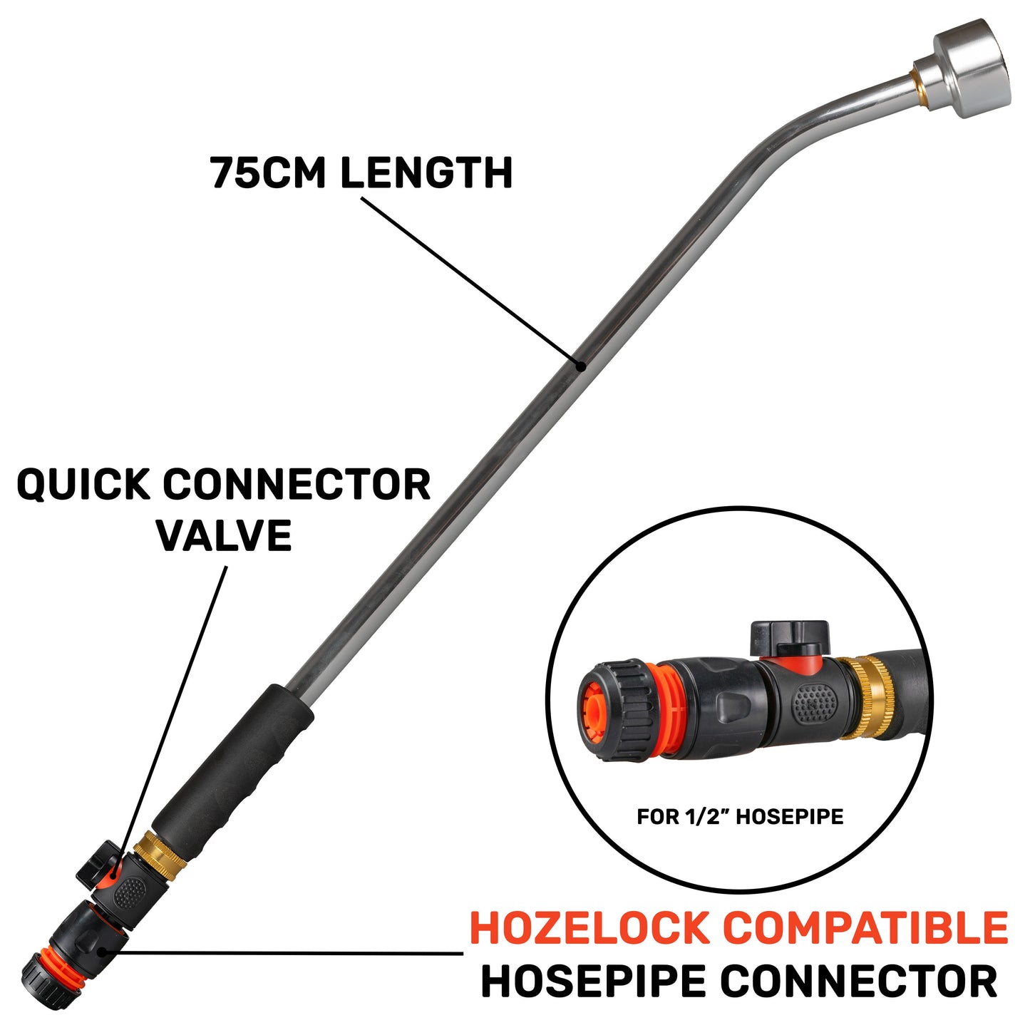 AP Supplies 75cm Garden Watering Lance with Quick Connect Valve (Black) and Hose Connector