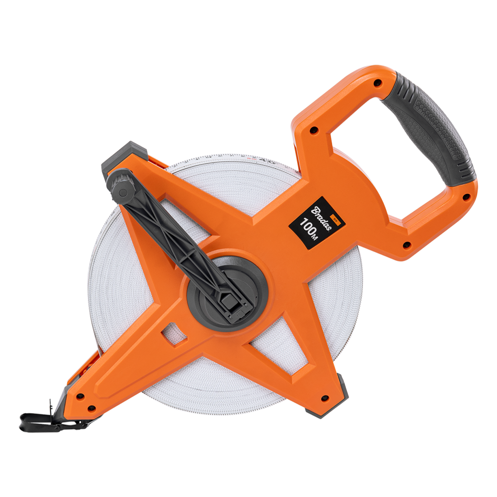 AP Supplies Fibreglass Coiled Tape Measure with Handle, 15mm Wide, Black/Orange (30m-100m)