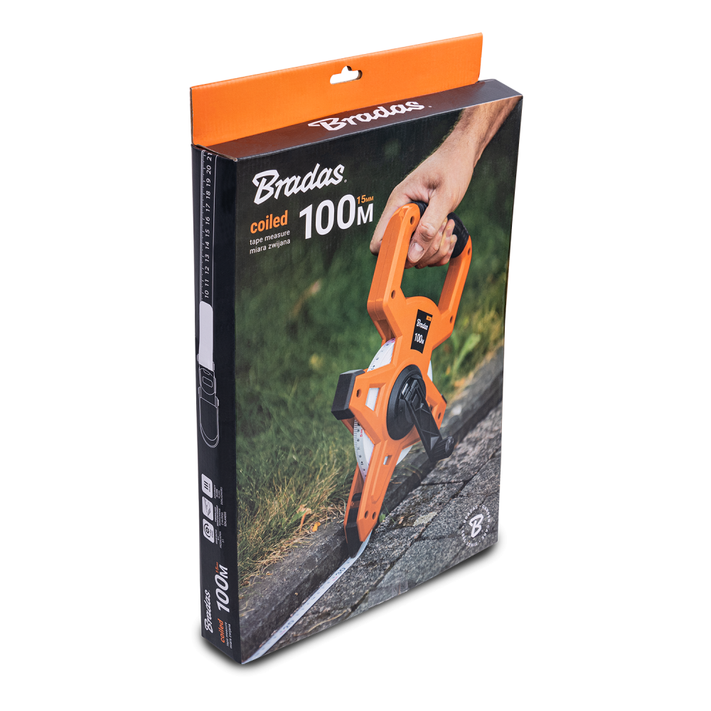 AP Supplies Fibreglass Coiled Tape Measure with Handle, 15mm Wide, Black/Orange (30m-100m) - 100 metres