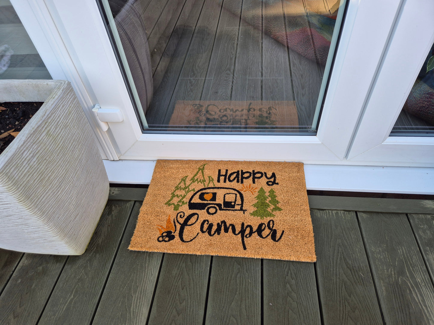 Doormat 60cm x 40cm - 'Happy Camper' - Absorbent Coir Mat for Indoor Outdoor