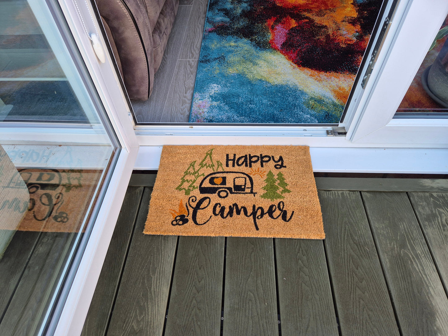 Doormat 60cm x 40cm - 'Happy Camper' - Absorbent Coir Mat for Indoor Outdoor