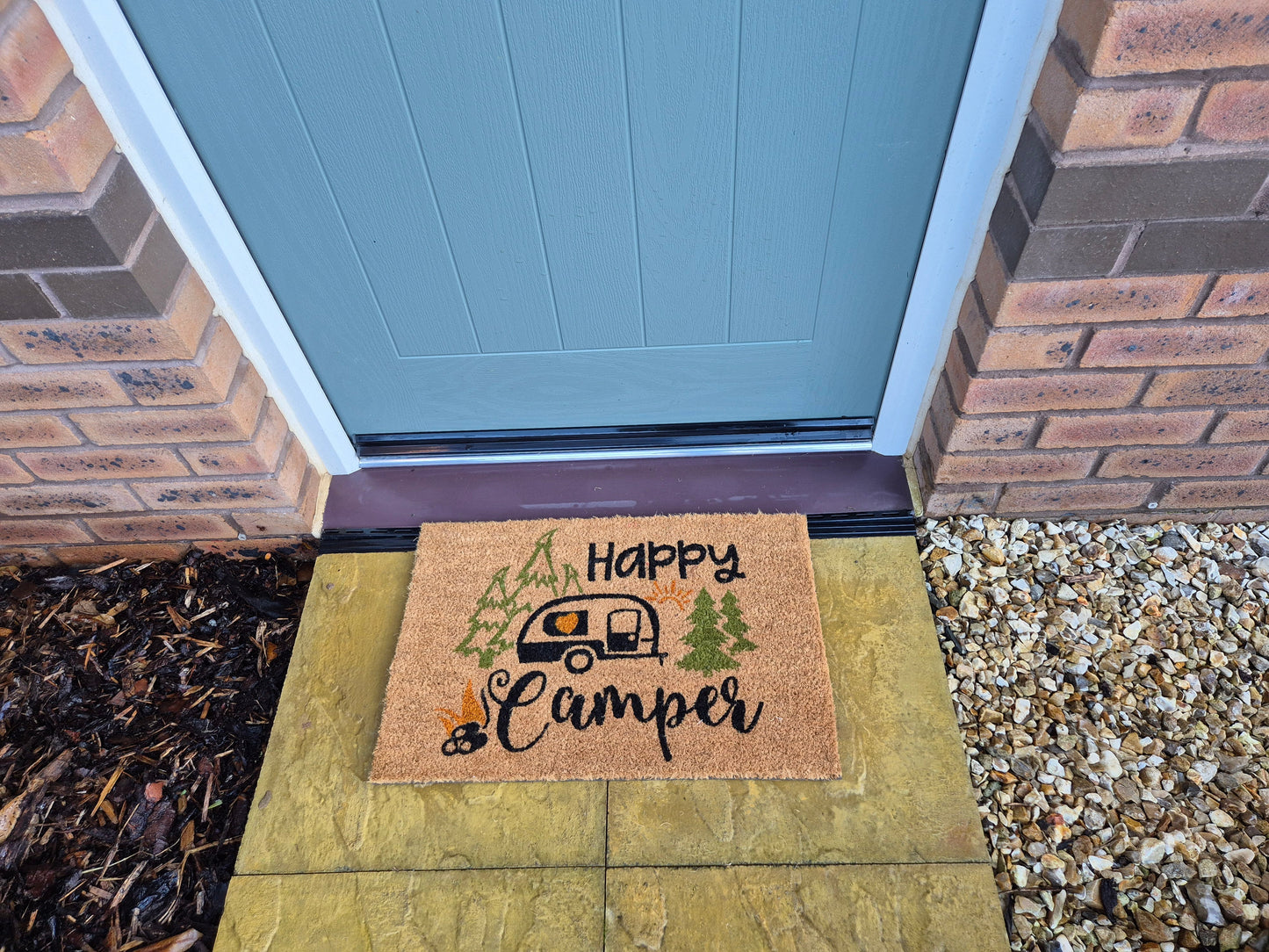 Doormat 60cm x 40cm - 'Happy Camper' - Absorbent Coir Mat for Indoor Outdoor