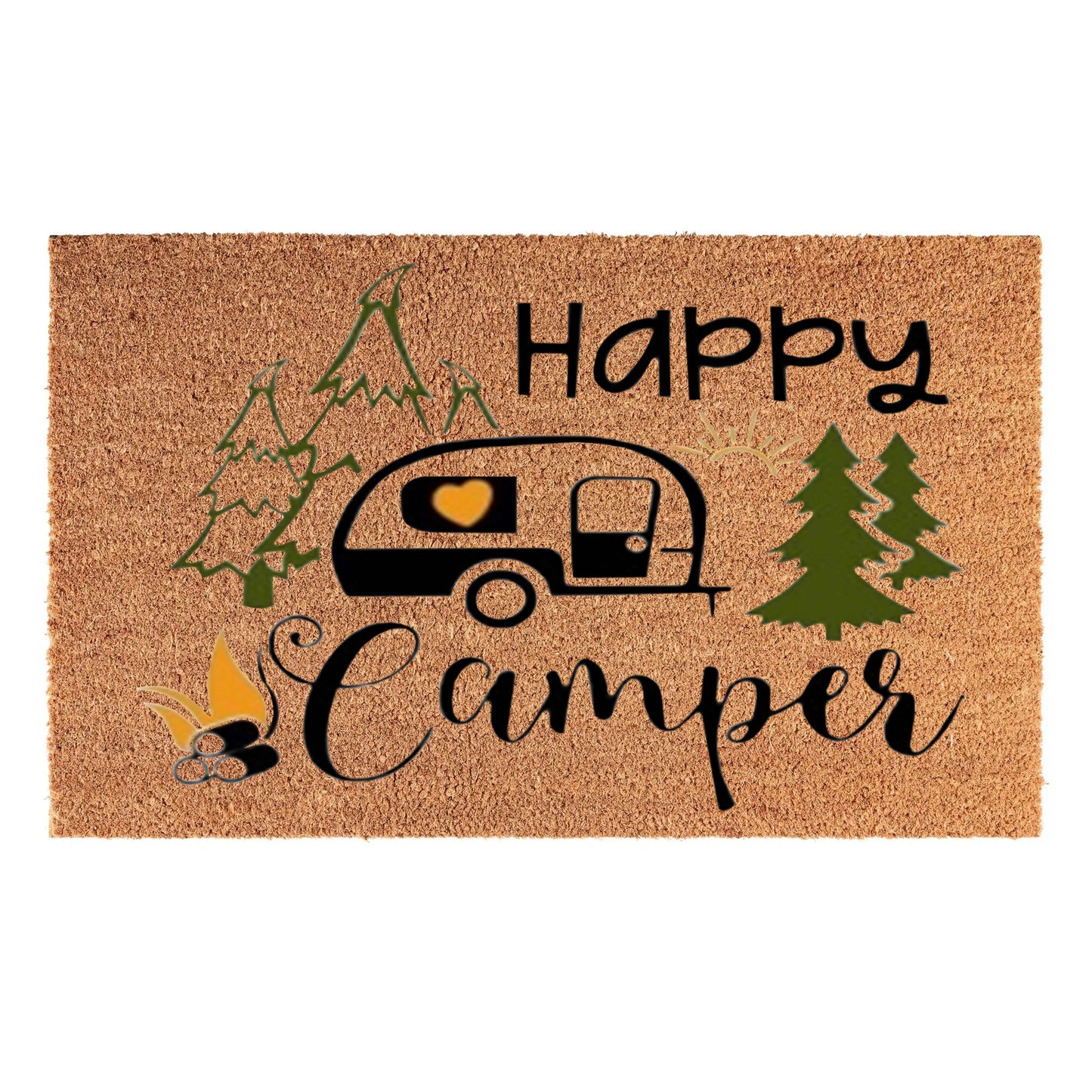 Doormat 60cm x 40cm - 'Happy Camper' - Absorbent Coir Mat for Indoor Outdoor