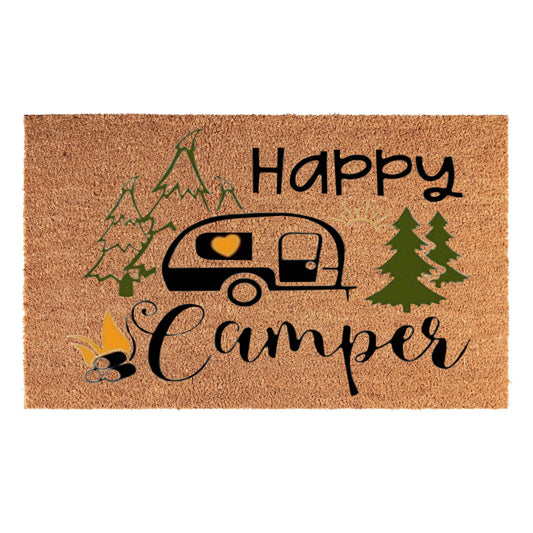 Doormat 60cm x 40cm - 'Happy Camper' - Absorbent Coir Mat for Indoor Outdoor