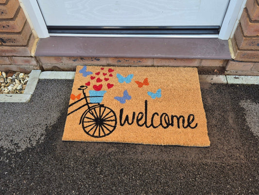 Doormat 60cm x 40cm - 'Welcome' (Bike) - Absorbent Coir Mat for Indoor Outdoor