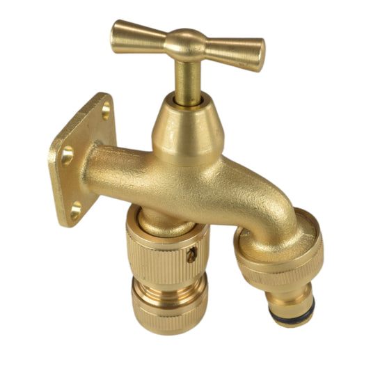 AP Supplies Brass Bib Tap with Quick Connect Inlet and Outlet and Hose Connector