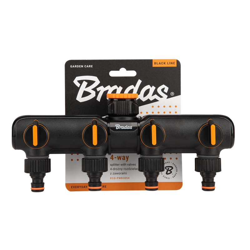 4-Way Tap Splitter Orange Black with Valves Outdoor Watering Kit Water Connector