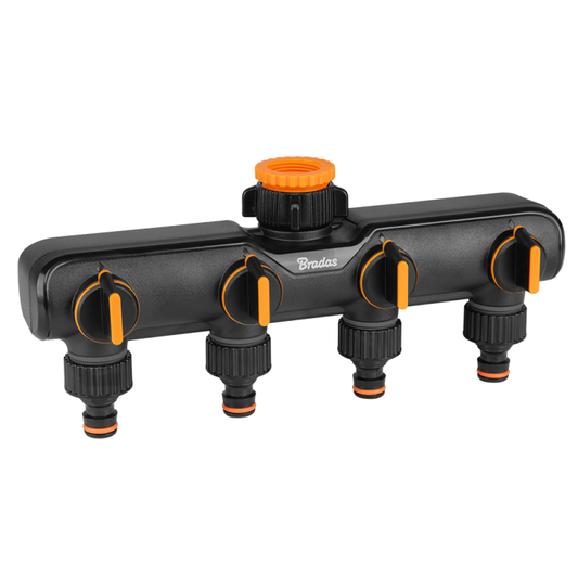 4-Way Tap Splitter Orange Black with Valves Outdoor Watering Kit Water Connector