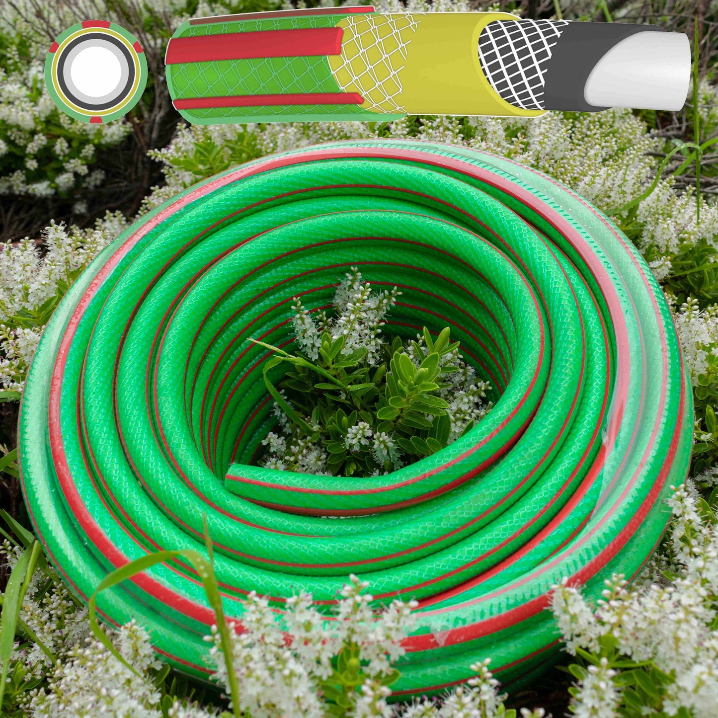 Premium Garden Hose 6-Layer 1/2in Pipe Green Outdoor Watering Kit Lawn Sprinkler