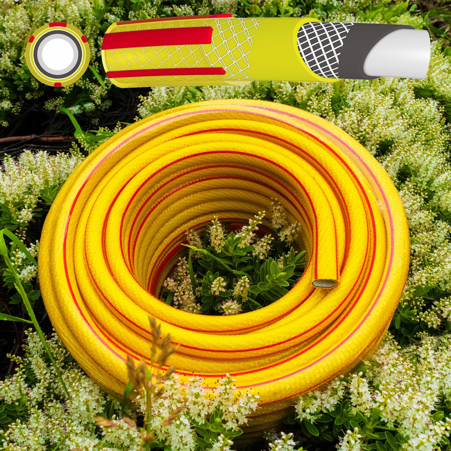 Premium Garden Hose 6-Layer 1/2in Pipe Yellow Water Flow Control Garden Watering