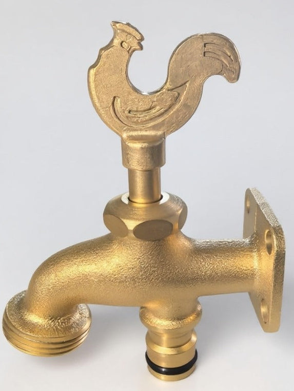 AP Supplies Brass Bib Tap with Quick Connect Inlet, ¾” BSP Thread Outlet, Rooster Design