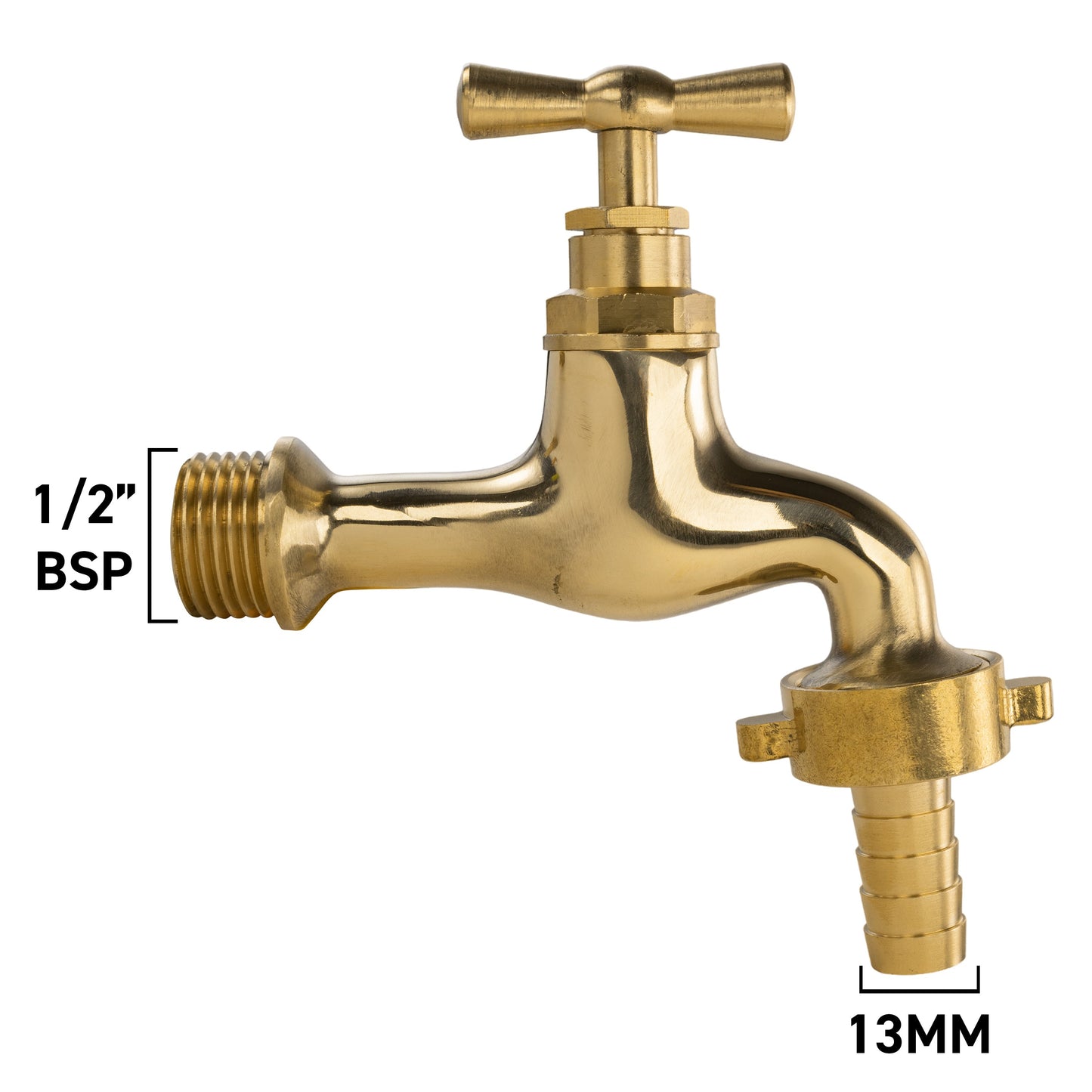 Garden Tap Polished Brass 1/2in BSPM - 13mm Barb Brass Water Fitting Tap Adapter