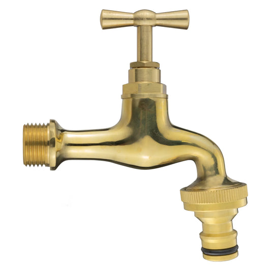 Garden Tap Polished Brass 1/2in BSPM - Snap On Male Garden Hose Pipe Tap Adapter