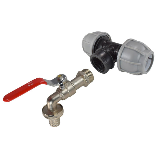 AP Supplies MDPE Tee 32mm and Lever Tap with Barb Outlet
