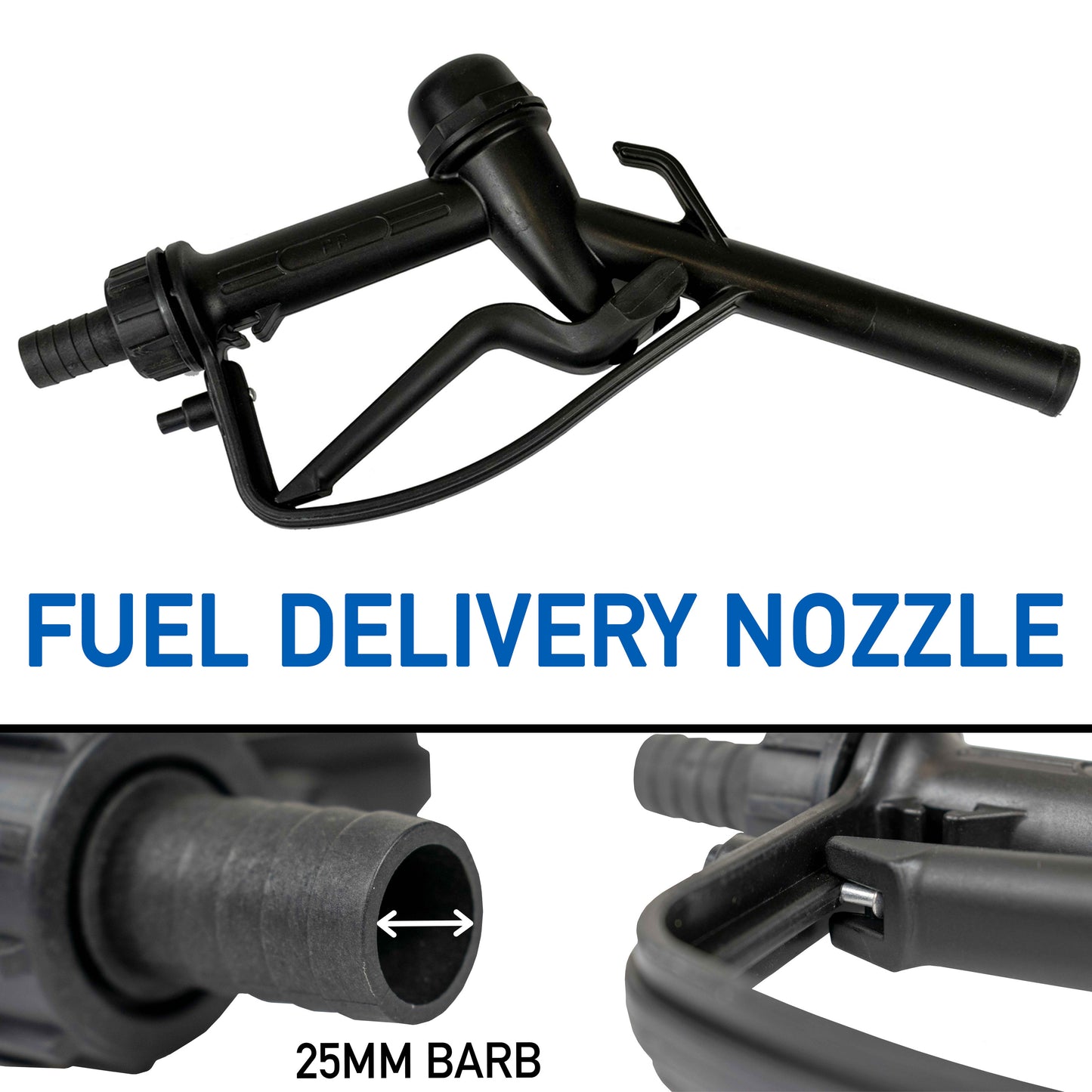 Fuel Gun Black 1in Barb Inlet - 25mm Outlet Hose Pipe Fitting Water Flow Control
