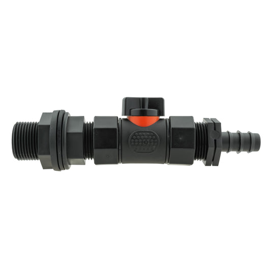 Water Butt Connector 3/4in BSP with In-Line BSPF Valve and 16mm Barbed Straight
