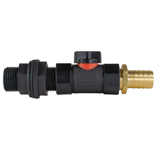 Water Butt Connector 3/4in BSP with In-Line BSPF Valve and 19mm Brass Barb