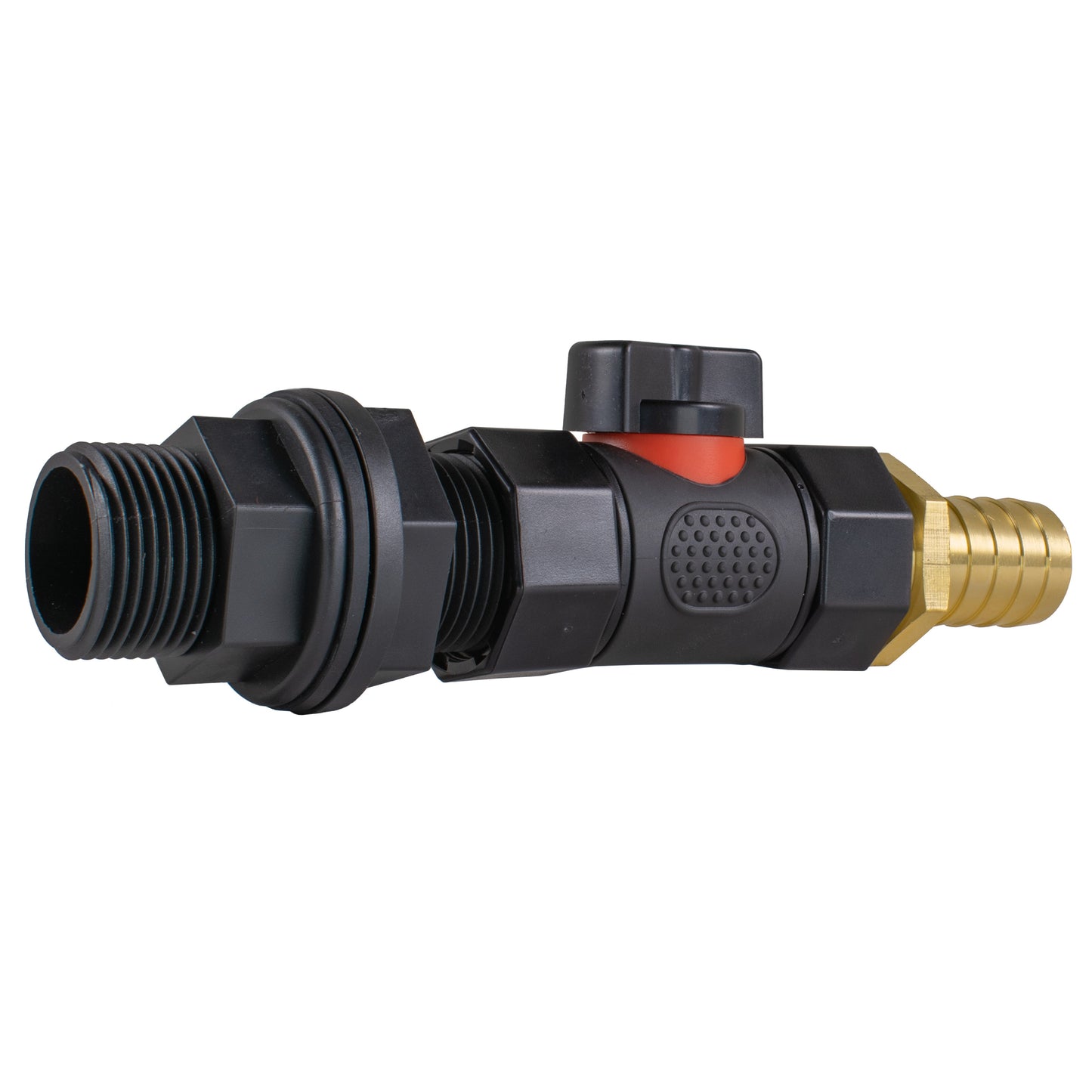 Water Butt Connector 3/4in BSP with In-Line BSPF Valve and 19mm Brass Barb