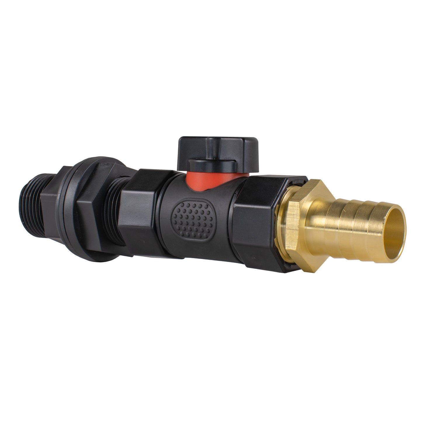 Water Butt Connector 3/4in BSP with In-Line BSPF Valve and 19mm Brass Barb
