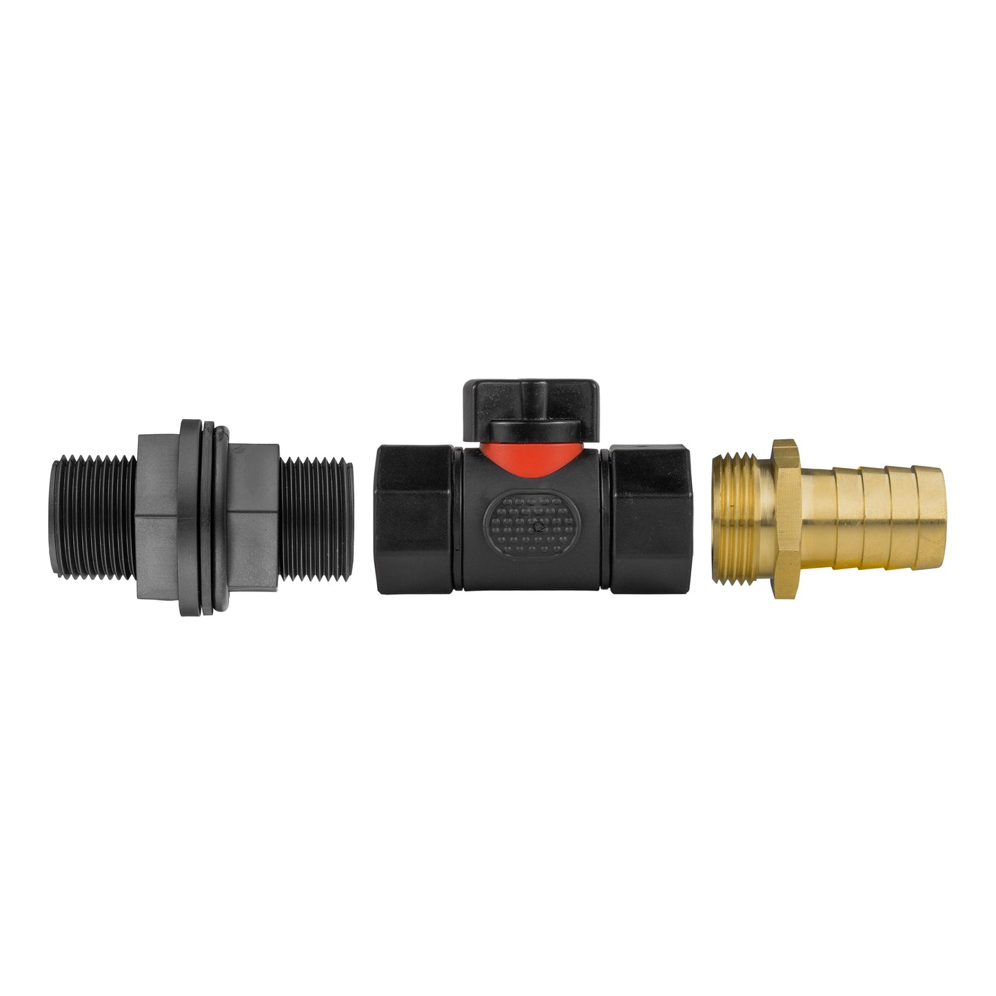 Water Butt Connector 3/4in BSP with In-Line BSPF Valve and 19mm Brass Barb