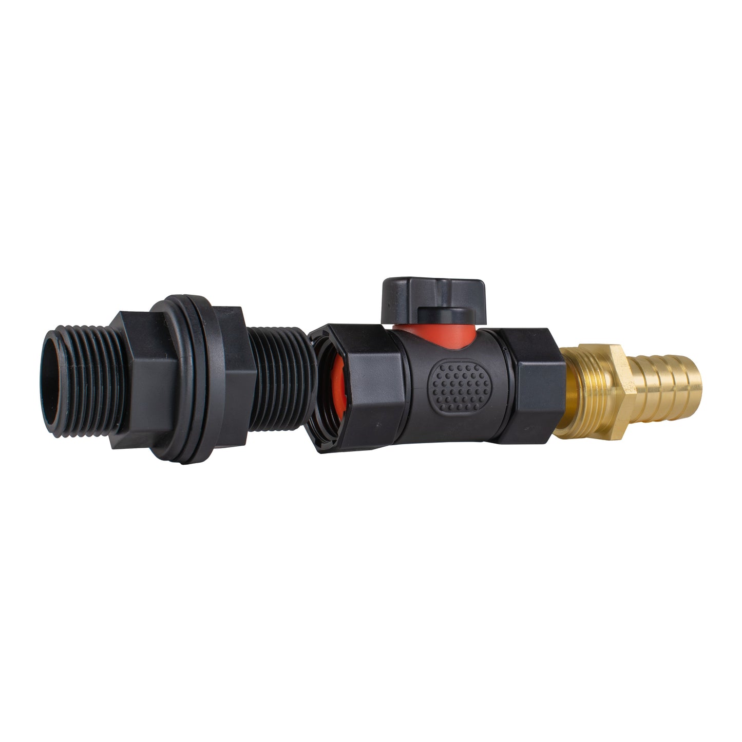 Water Butt Connector 3/4in BSP with In-Line BSPF Valve and 19mm Brass Barb