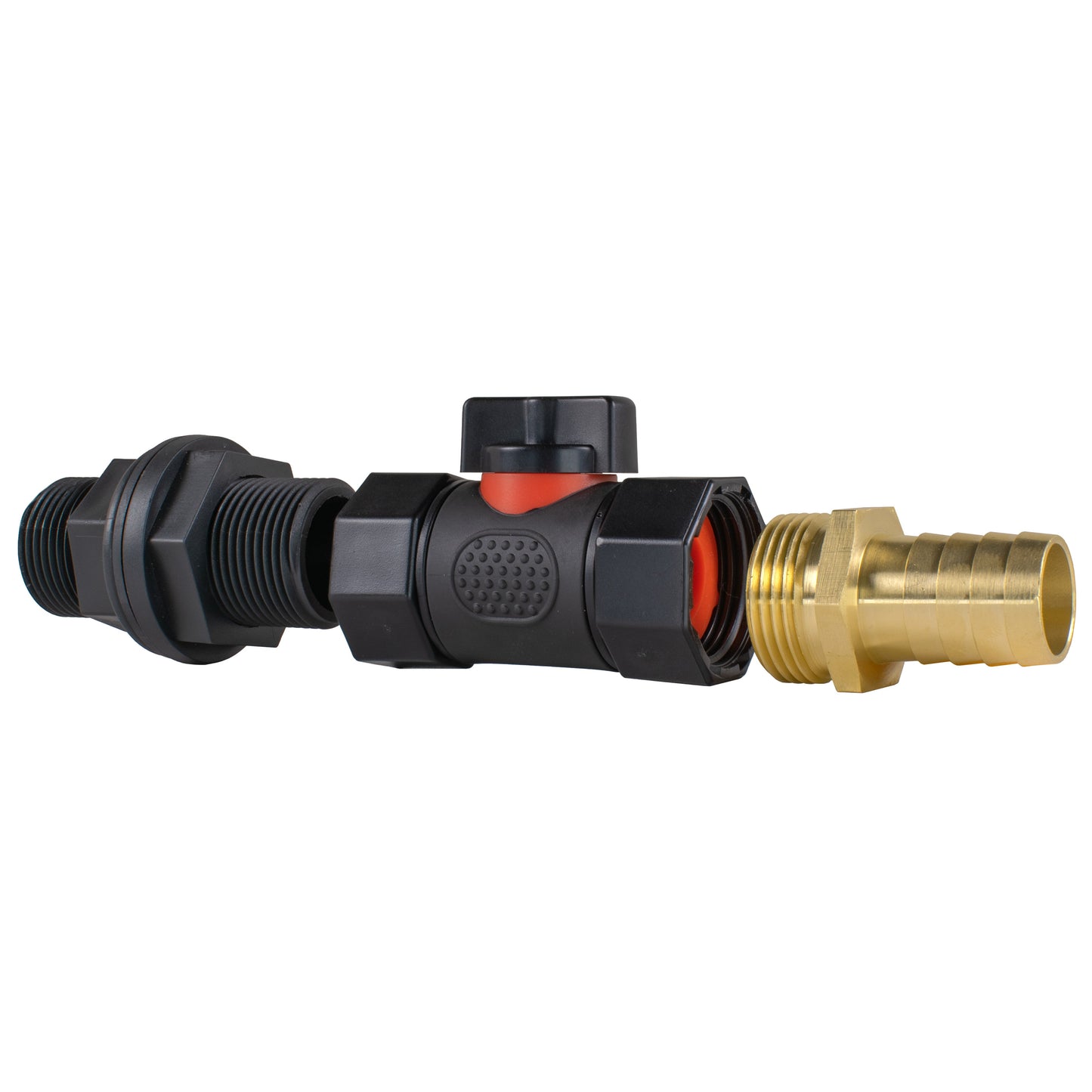 Water Butt Connector 3/4in BSP with In-Line BSPF Valve and 19mm Brass Barb