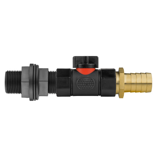 Water Butt Connector 3/4in BSP with In-Line BSPF Valve and 25mm Brass Barb