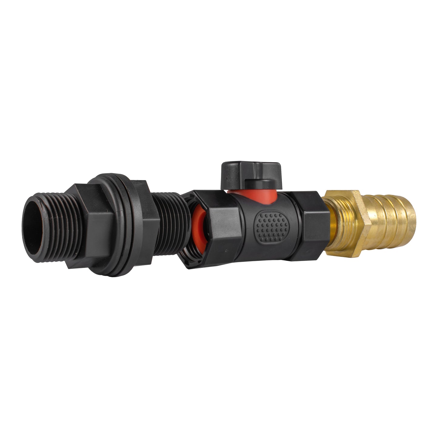 Water Butt Connector 3/4in BSP with In-Line BSPF Valve and 25mm Brass Barb