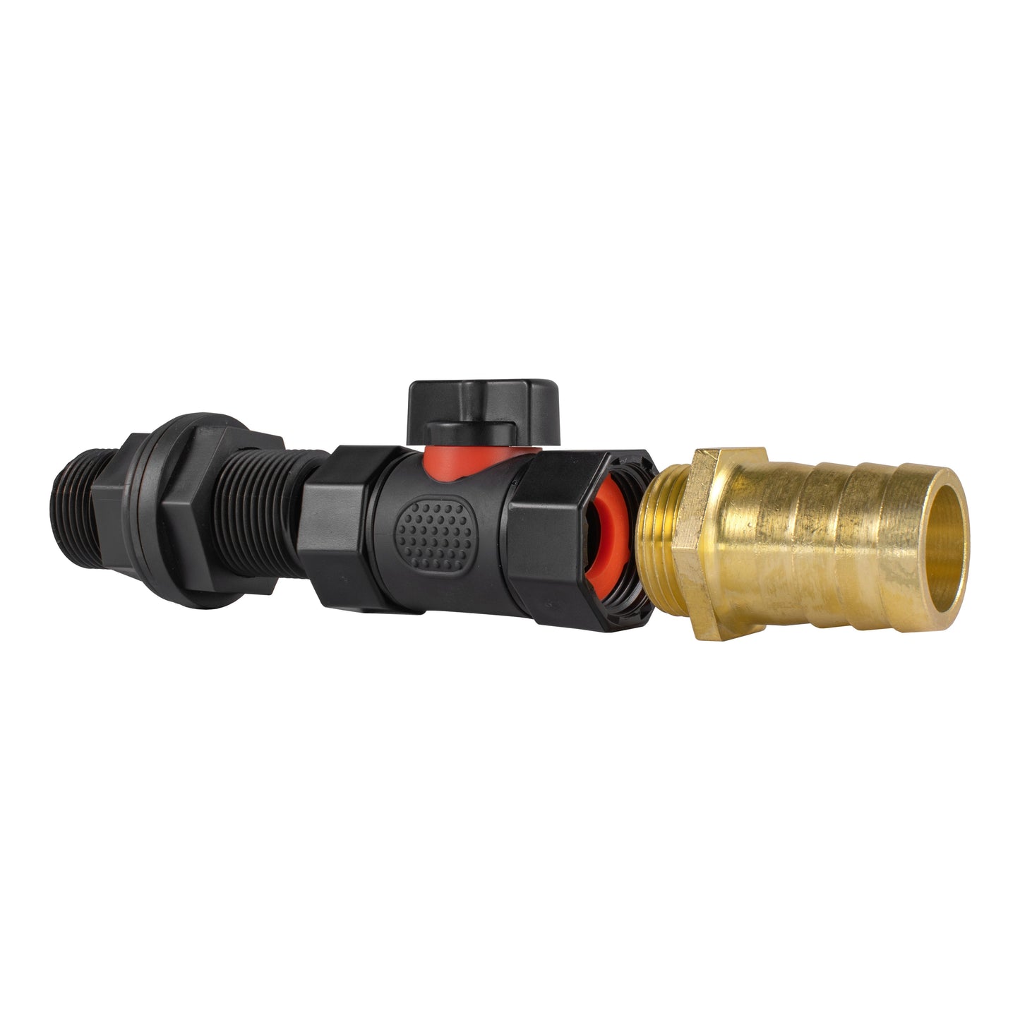 Water Butt Connector 3/4in BSP with In-Line BSPF Valve and 25mm Brass Barb