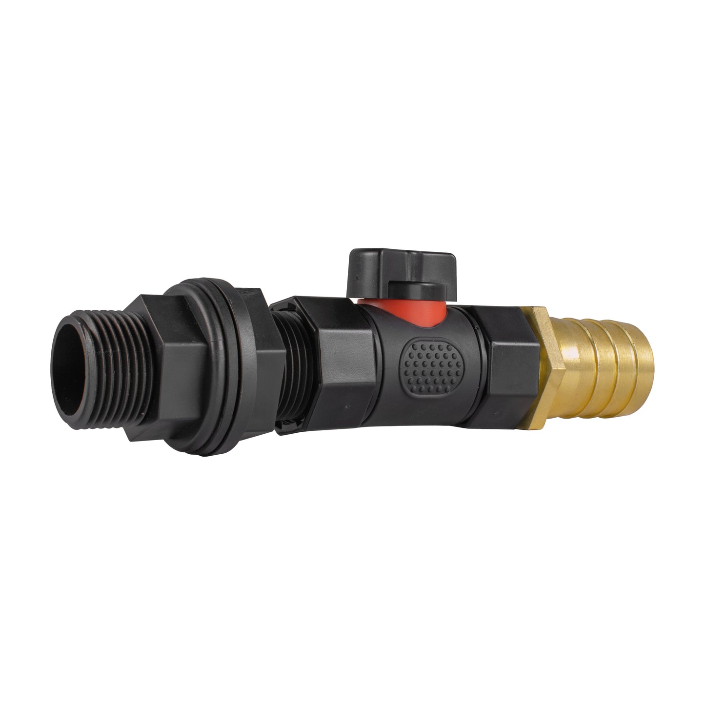 Water Butt Connector 3/4in BSP with In-Line BSPF Valve and 25mm Brass Barb