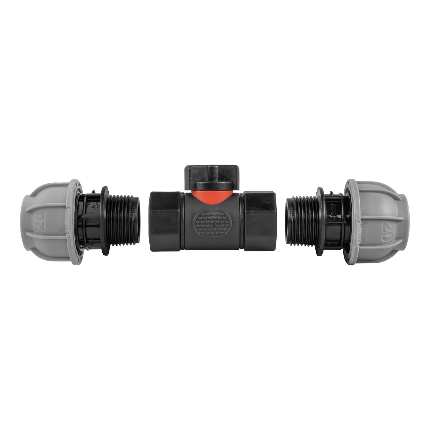 In-Line BSPF Valve with 2 x 20mm MDPE Straight Connectors for BSP Thread Fitting