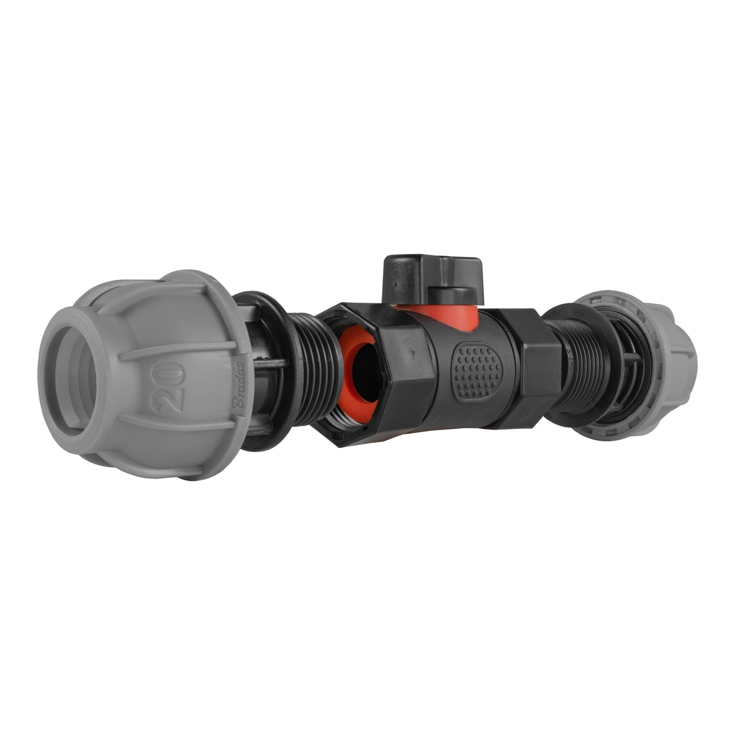 In-Line BSPF Valve with 2 x 20mm MDPE Straight Connectors for BSP Thread Fitting