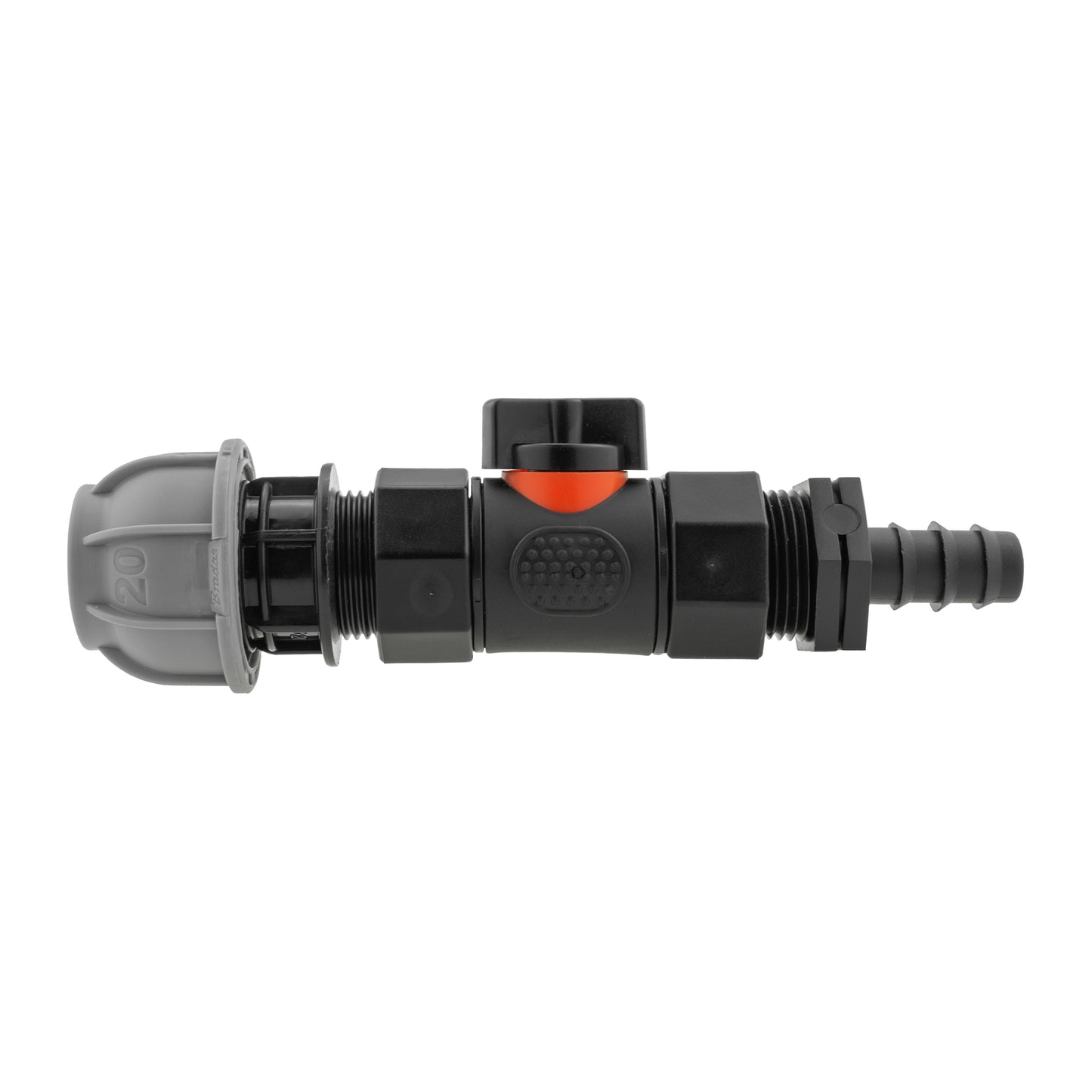 20mm MDPE Straight with In-Line BSPF Valve and 16mm Barbed Straight Tap Adapter