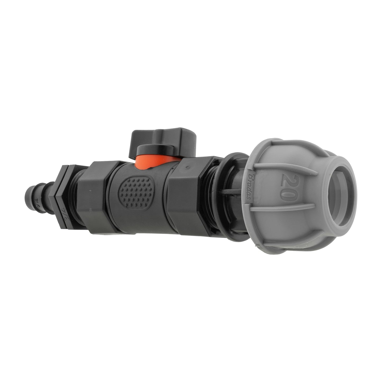 20mm MDPE Straight with In-Line BSPF Valve and 16mm Barbed Straight Tap Adapter