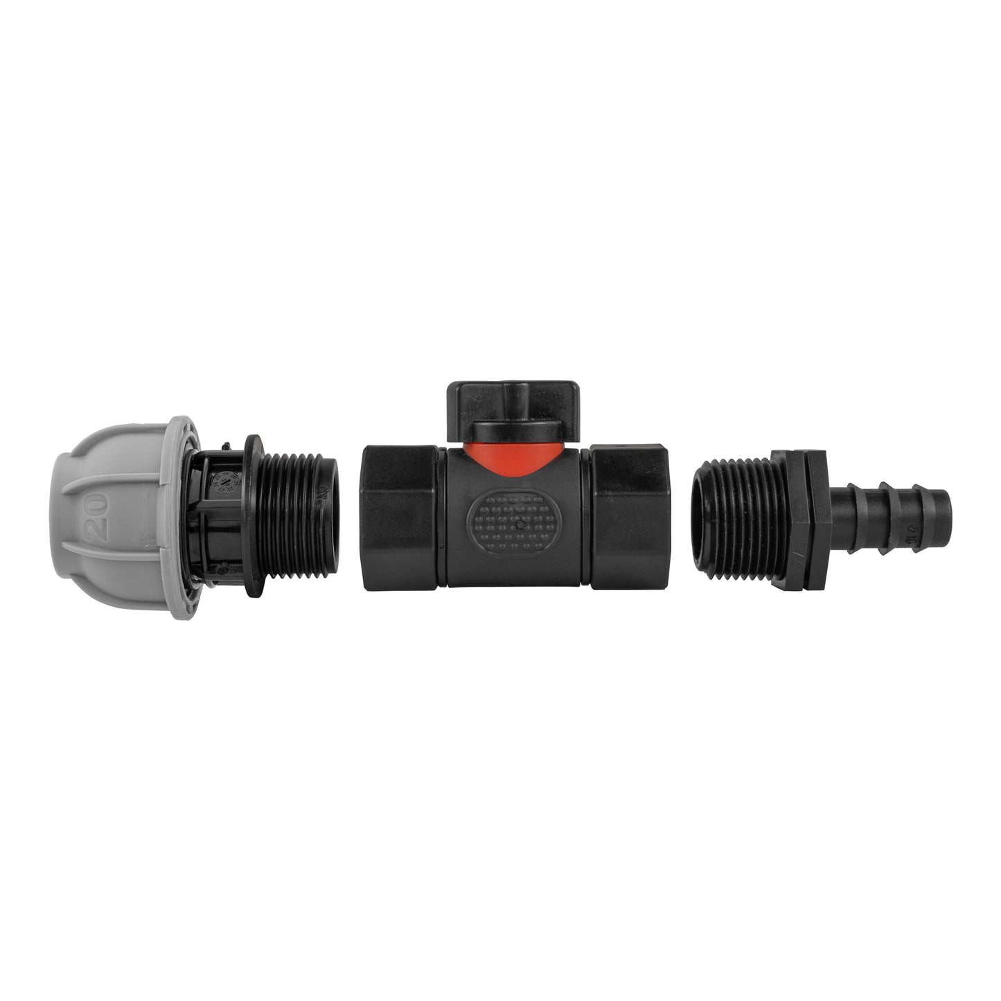 20mm MDPE Straight with In-Line BSPF Valve and 16mm Barbed Straight Tap Adapter