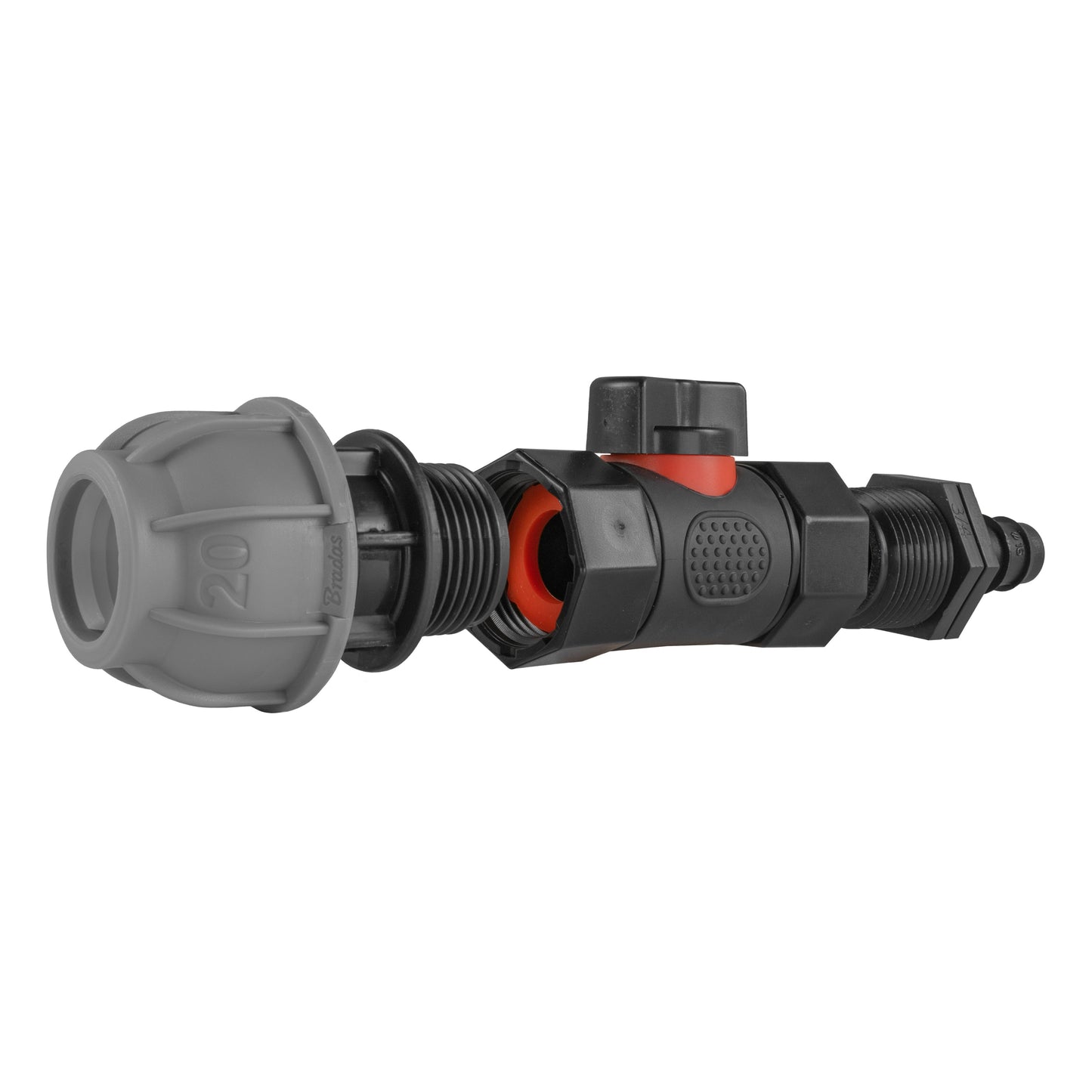 20mm MDPE Straight with In-Line BSPF Valve and 16mm Barbed Straight Tap Adapter