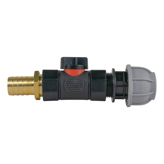 20mm MDPE Straight with In-Line BSPF Valve and 19mm Brass Barb Hose Pipe Fitting