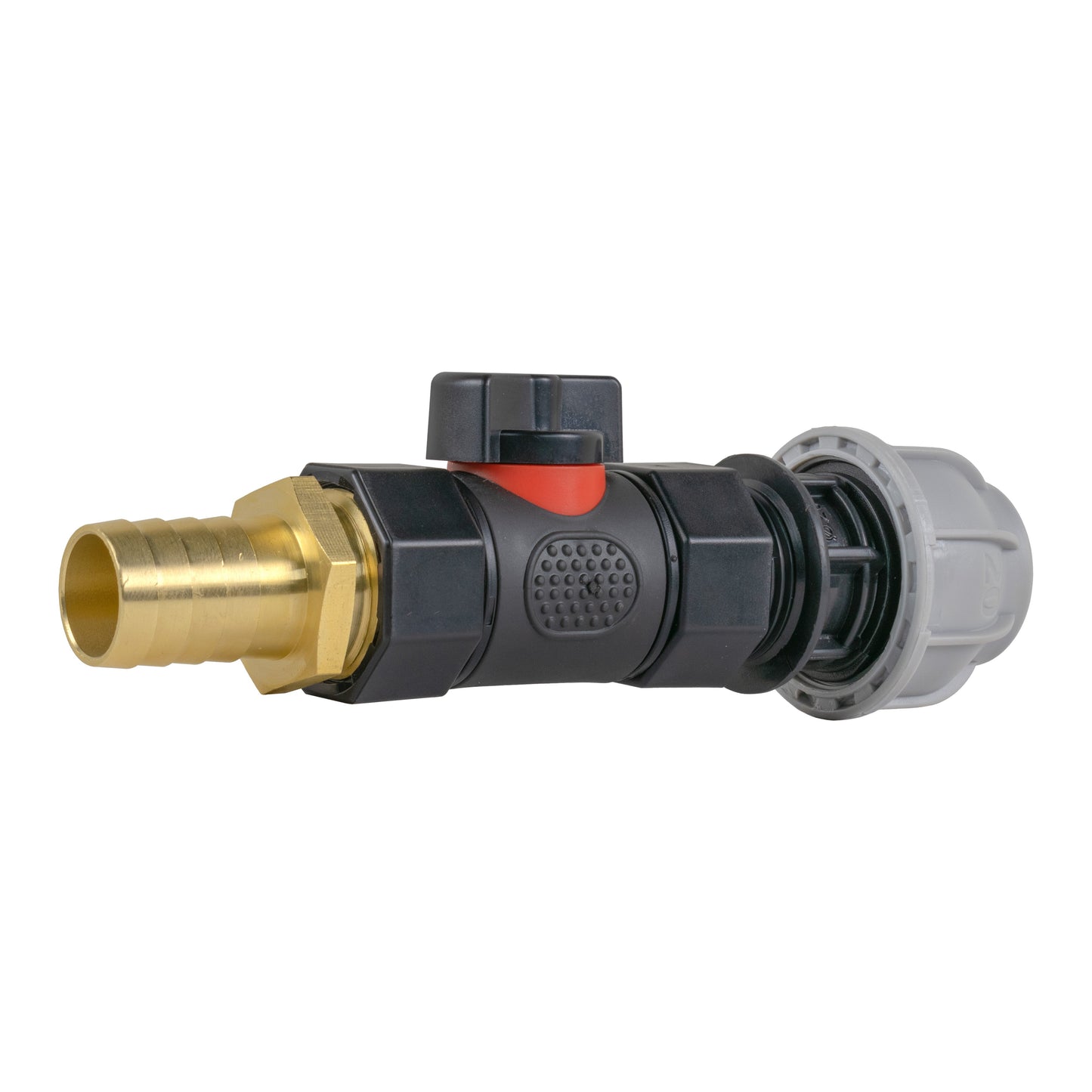 20mm MDPE Straight with In-Line BSPF Valve and 19mm Brass Barb Hose Pipe Fitting