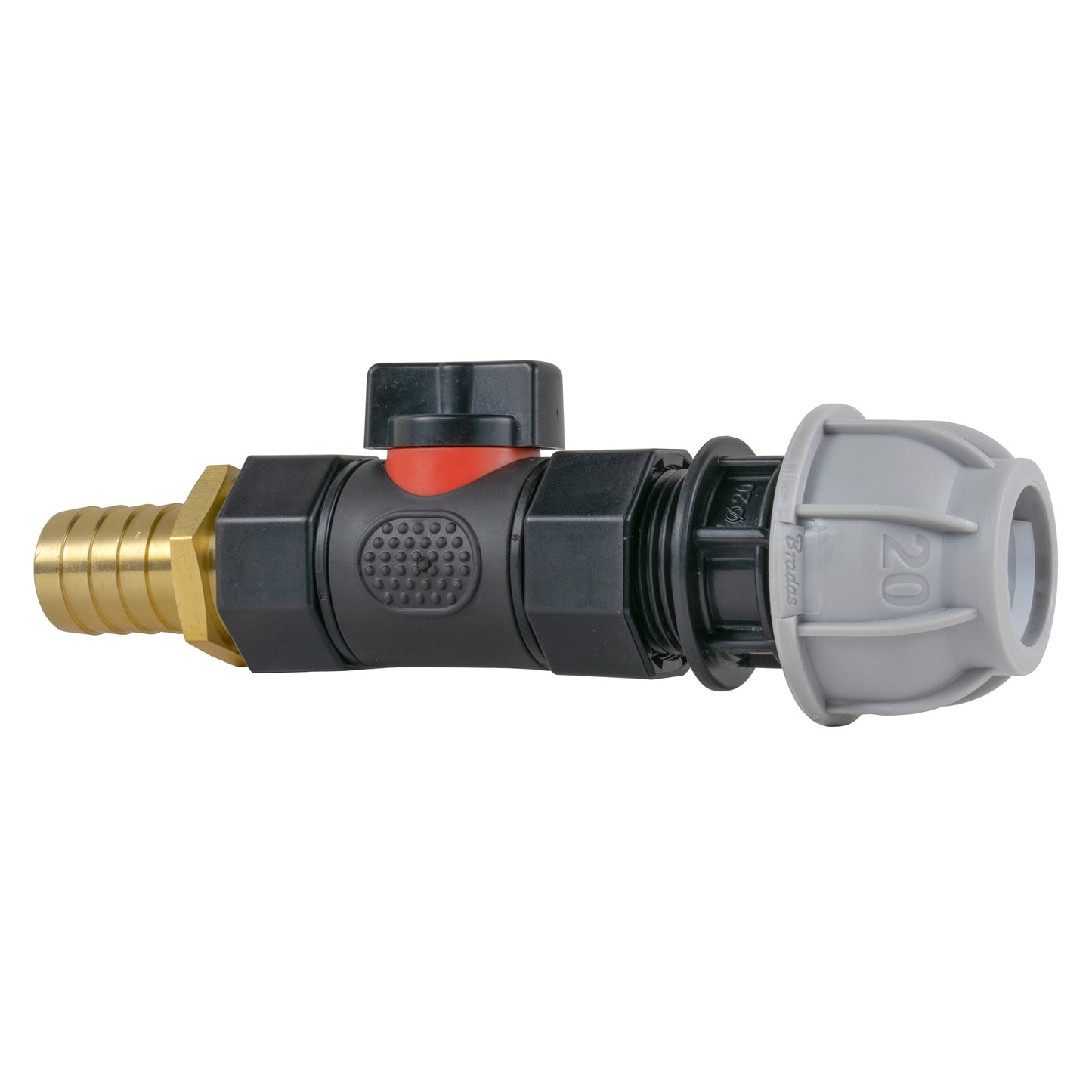 20mm MDPE Straight with In-Line BSPF Valve and 19mm Brass Barb Hose Pipe Fitting