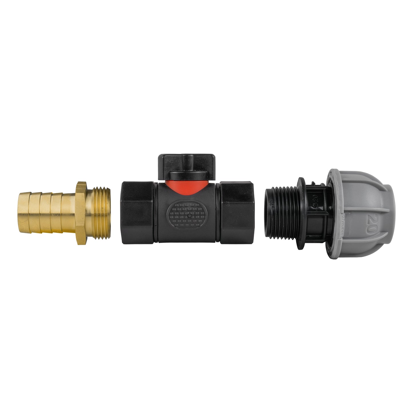 20mm MDPE Straight with In-Line BSPF Valve and 19mm Brass Barb Hose Pipe Fitting