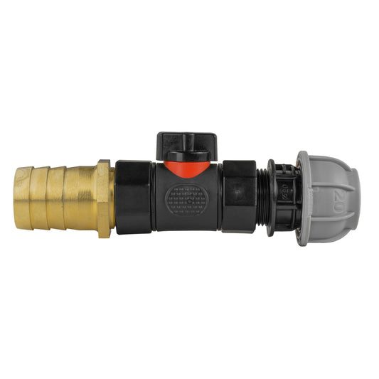 20mm MDPE Straight with In-Line BSPF Valve and 25mm Brass Barb Hose Pipe Fitting