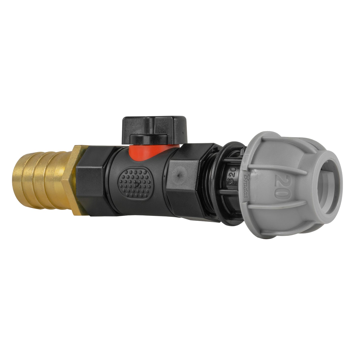 20mm MDPE Straight with In-Line BSPF Valve and 25mm Brass Barb Hose Pipe Fitting