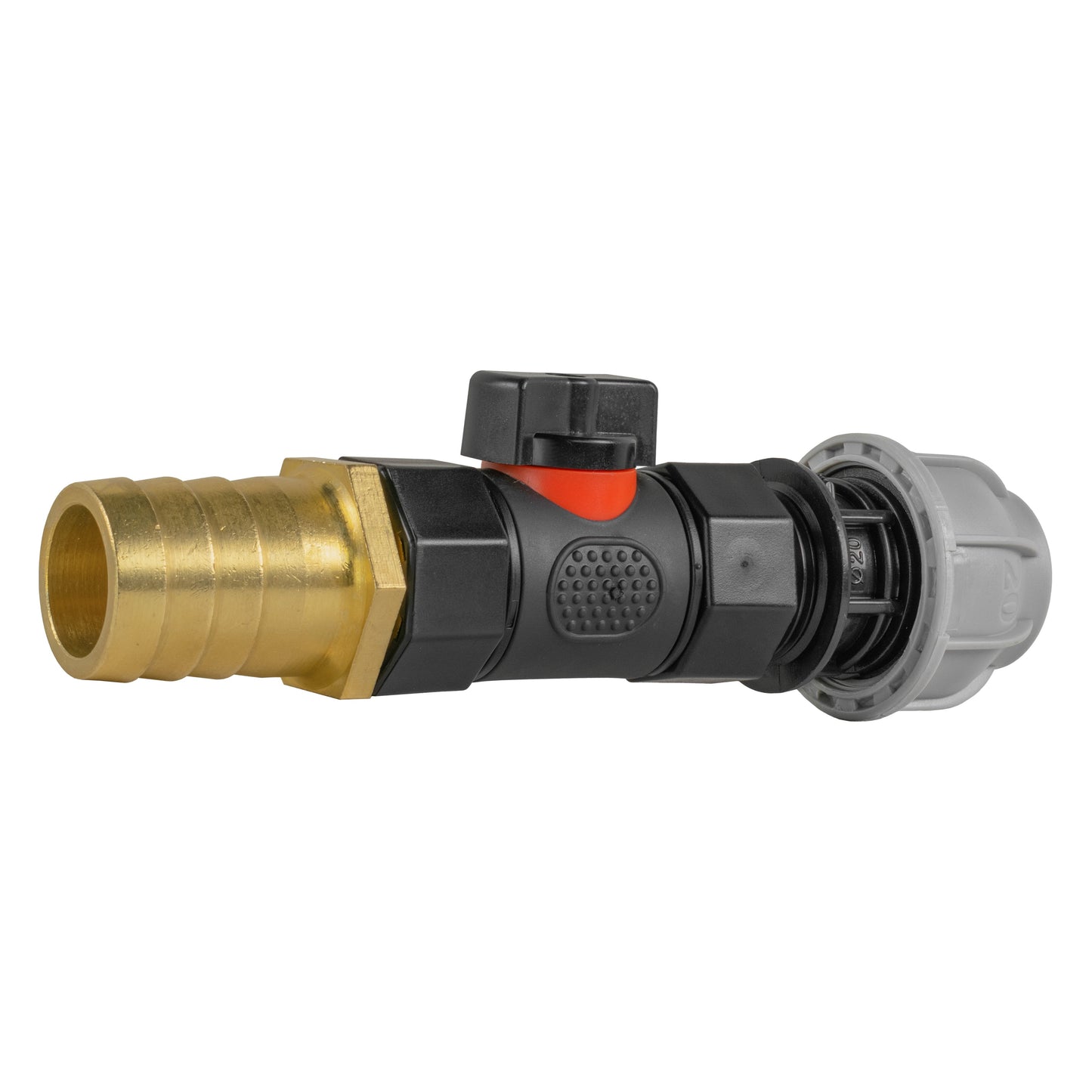 20mm MDPE Straight with In-Line BSPF Valve and 25mm Brass Barb Hose Pipe Fitting