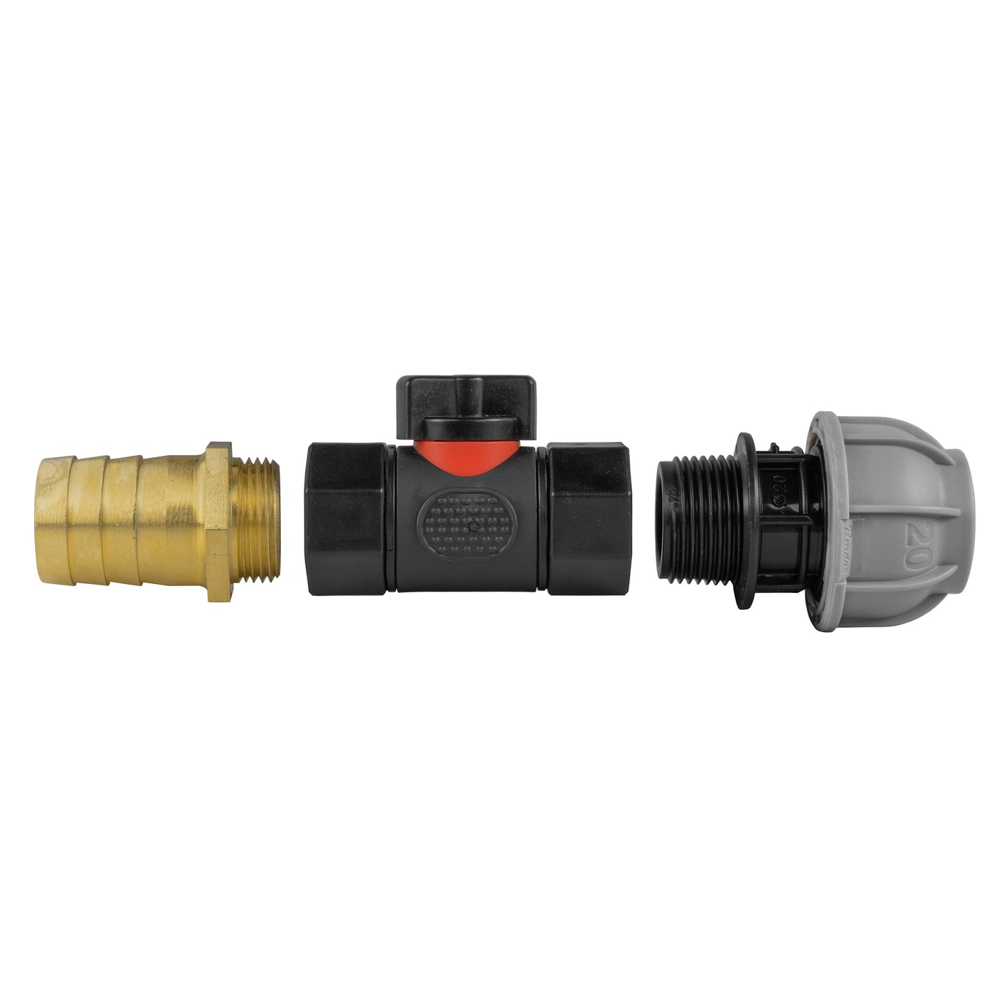 20mm MDPE Straight with In-Line BSPF Valve and 25mm Brass Barb Hose Pipe Fitting