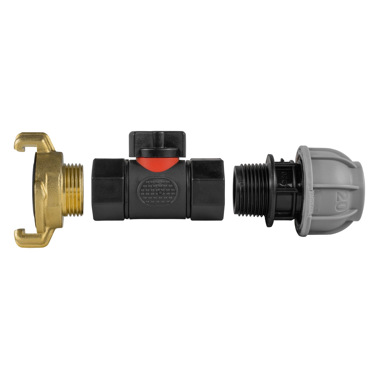 20mm MDPE Straight with In-Line BSPF Valve and Geka Type Connector Claw Coupling