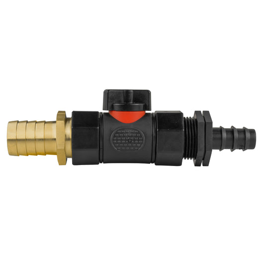 16mm Barbed Straight with In-Line BSPF Valve and 19mm Brass Barb Water Connector