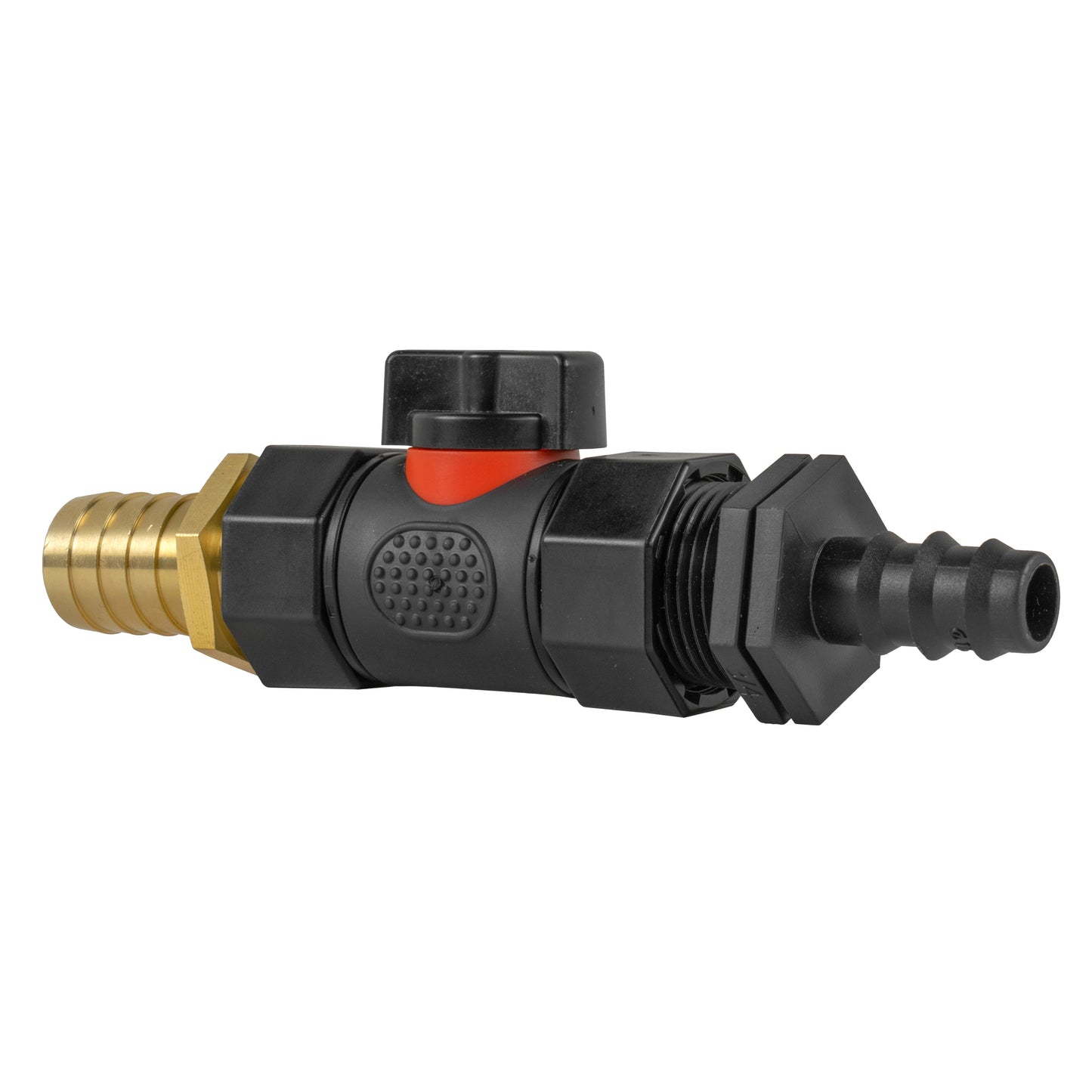 16mm Barbed Straight with In-Line BSPF Valve and 19mm Brass Barb Water Connector