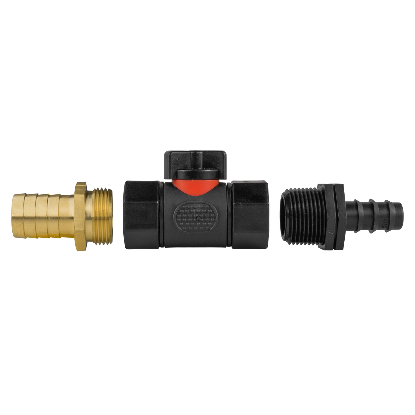 16mm Barbed Straight with In-Line BSPF Valve and 19mm Brass Barb Water Connector